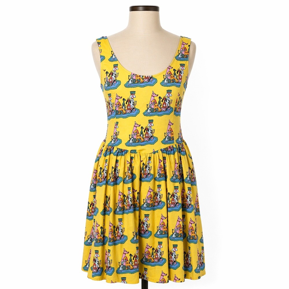 Nooworks Dog Party Fit Flare Dress M Yellow Novelty Print Pockets Teacher Retro